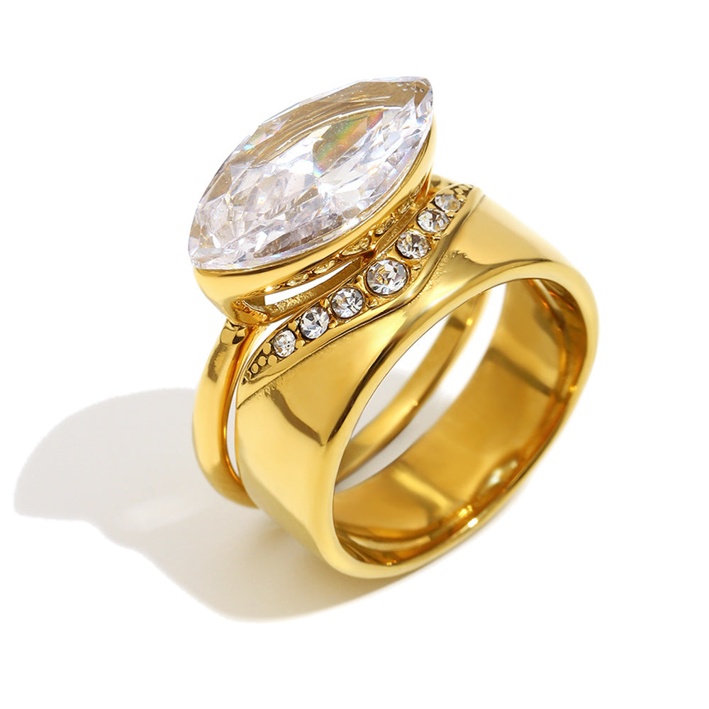 Minimalist Geometric Stainless Steel Ring with 18K Gold Plating and Colored Zirconia for Women