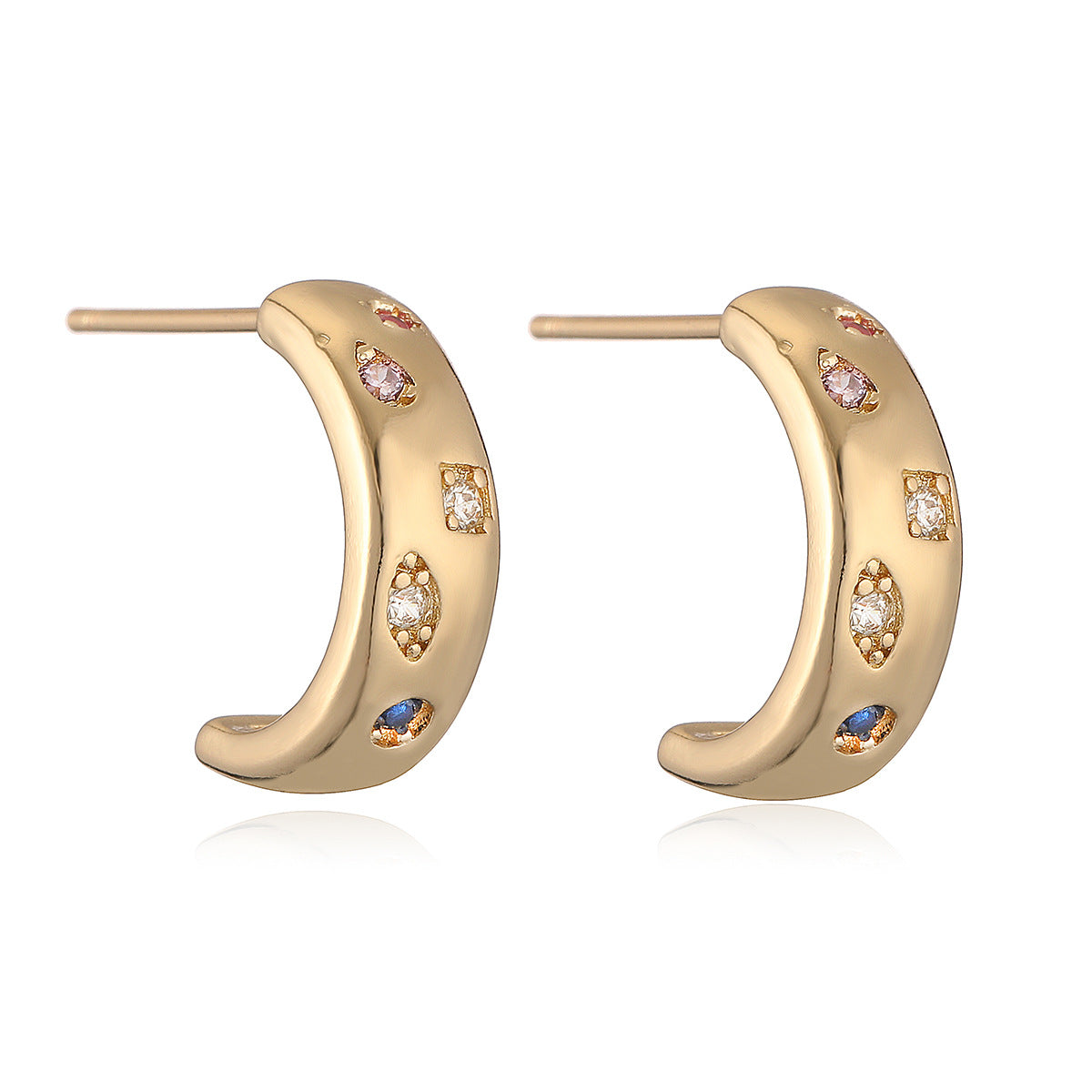 Minimalist Geometric C-Shaped Zirconia Stud Earrings for Women with 18K Gold Plated Posts and Micro-Pave Setting