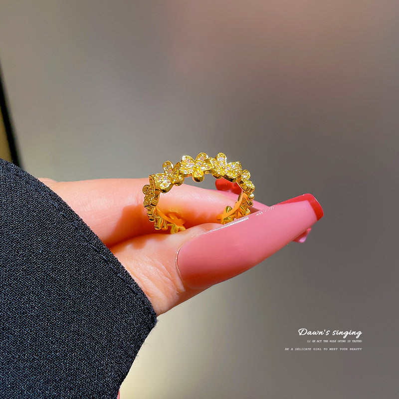 Minimalist Adjustable Open Ring for Women with Crown Shape in Brass with Zircon Inlay