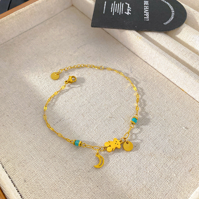 Sweet Casual Colorful Beaded Moon and Bear Titanium Steel Bracelet