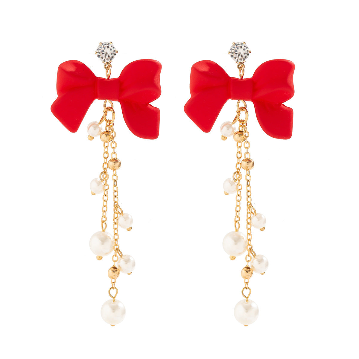 Pendientes de perlas de imitación en forma de lazo estilo Ins con borlas y detalles de cadena para mujer