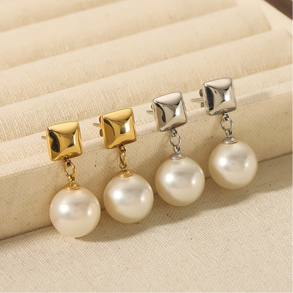 Geometric Rhombus Pearl Earrings in Stainless Steel with 18K Gold Vacuum Plating for Women