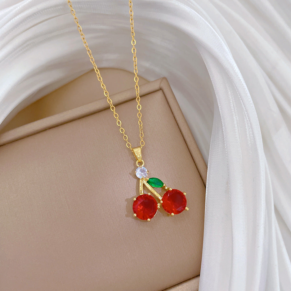 Cartoon Style Cherry-Shaped Stainless Steel Necklace with Rhinestone Inlay for Women and Men, Delicate Clavicle Chain