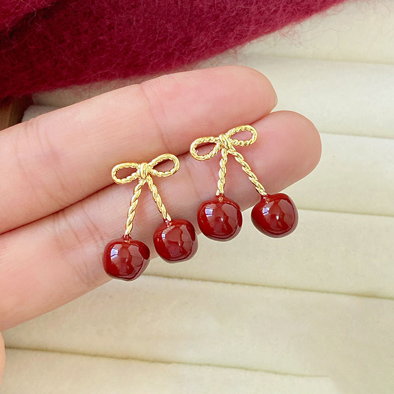 Cherry Bowknot Resin Stud Earrings with Steel Posts for Women, Minimalist Vintage Fashion Style