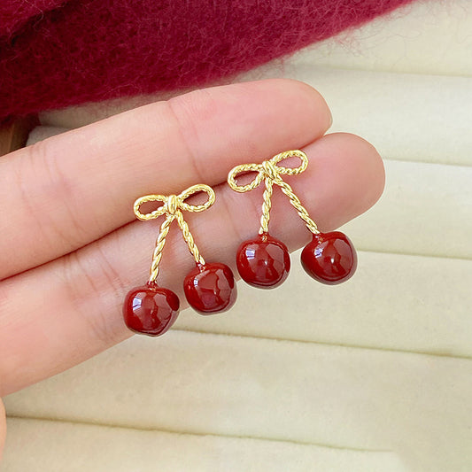 Orecchini a Perno in Resina con Fiocco a Ciliegia e Perni in Acciaio per Donna, Stile Vintage Minimalista alla Moda