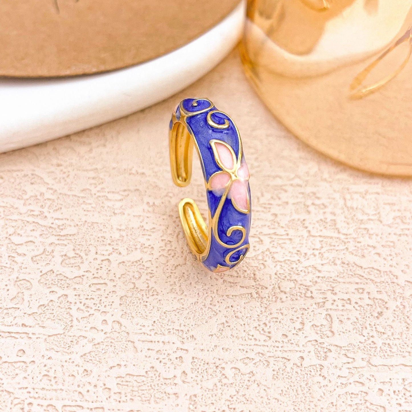 Luxury Elegant Floral Enamel Drip Oil Plated Alloy Round Ring for Women
