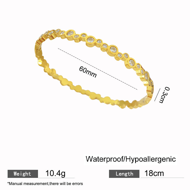 Luxury Elegant Round Oval Geometric Titanium Steel PVD Micro-Inlaid Cubic Zirconia Open Cuff Bracelet for Women