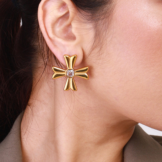 Minimalist Cross Shape Titanium Steel Stud Earrings for Women with Rhinestone Inlay and Plated Finish
