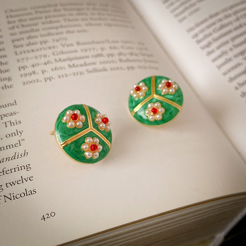 Vintage Floral Round Enamel Pearl Stud Earrings in Alloy with Stainless Steel Posts for Women