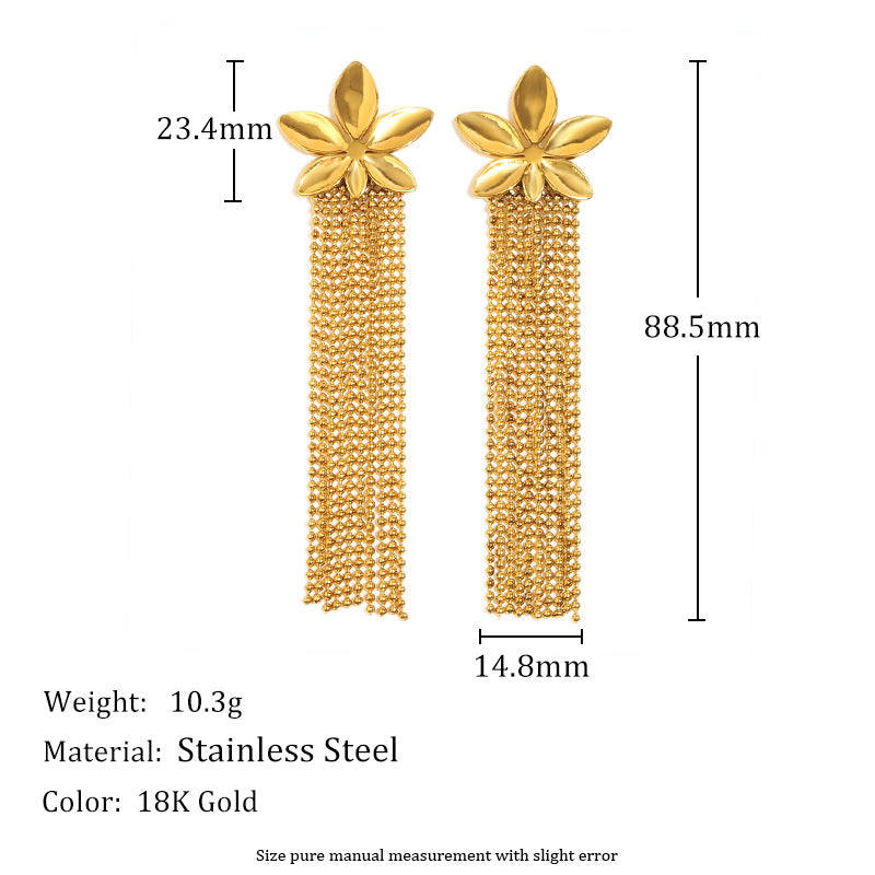 Orecchini Floreali Audaci in Acciaio Inossidabile con Placcatura in Oro 18K, con Gocce di Perle e Nappe per Donna