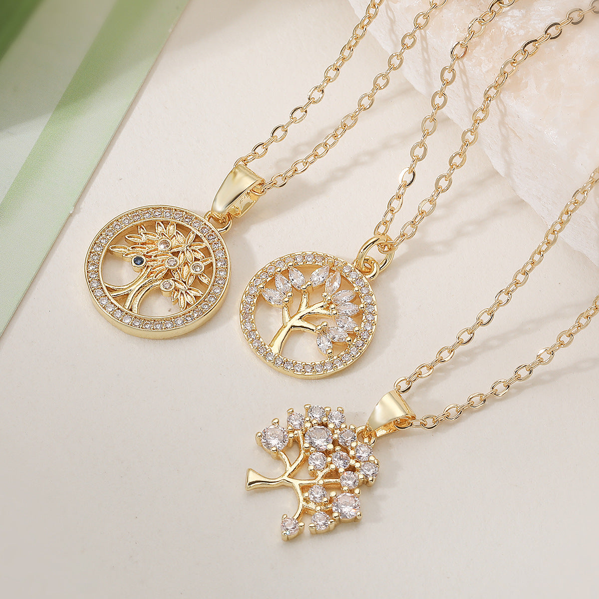 Minimalist Luxury Gold Plated Geometric Tree of Life Cubic Zirconia Pendant Necklace for Women