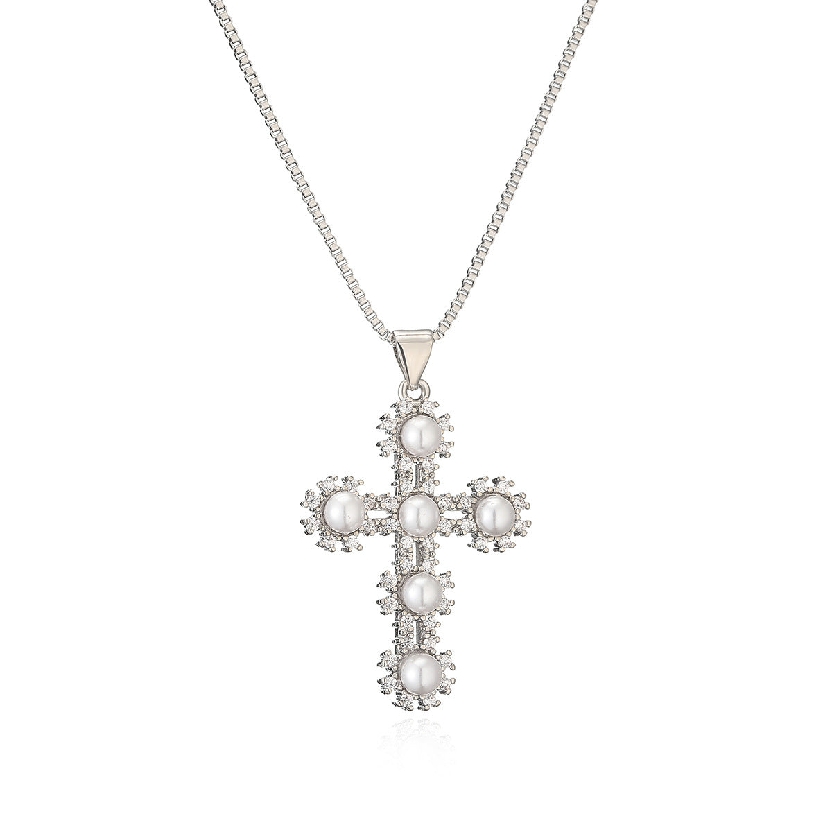Minimalist Geometric Cross Pendant Necklace for Women with Copper Base Plated in Real Gold, Zircon and Pearl Inlay, Elegant Clavicle Chain