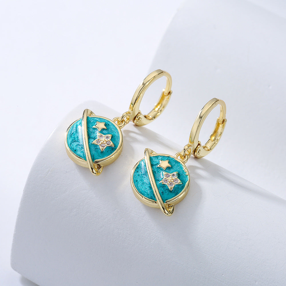 Minimalist Geometric Earrings for Women Made of Copper with Gold Plating and Enamel Finish, Micro-Paved Zirconia Accent