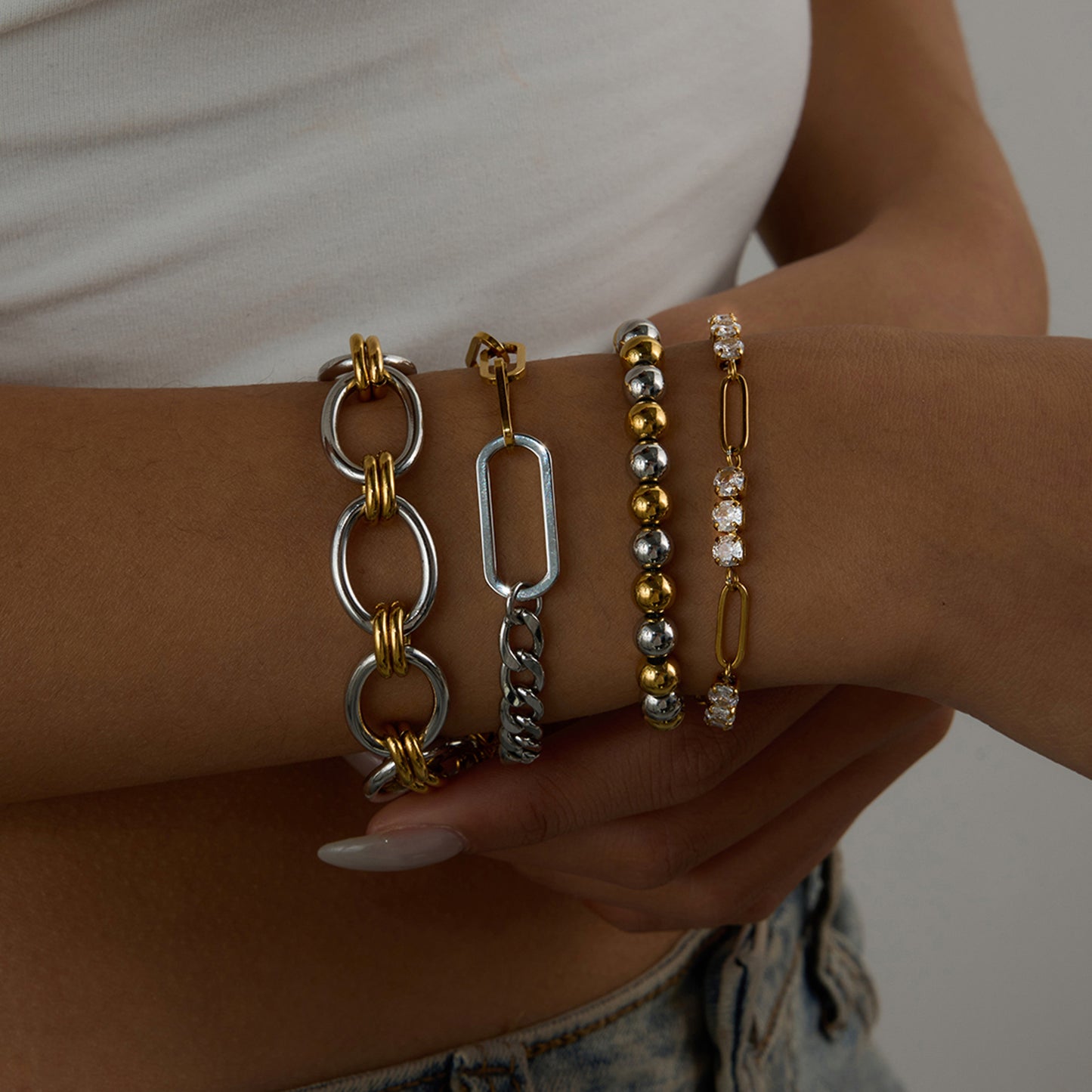 Minimalist Geometric Oval Stainless Steel Cuban Link Chain Bracelet with Cubic Zirconia Plated Finish for Women