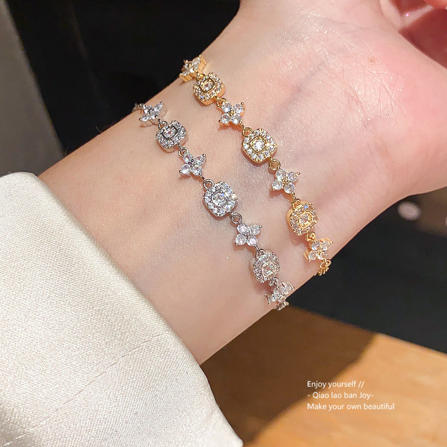 Vintage Elegant 18K Gold Plated Brass Floral Rhinestone Bracelet for Women