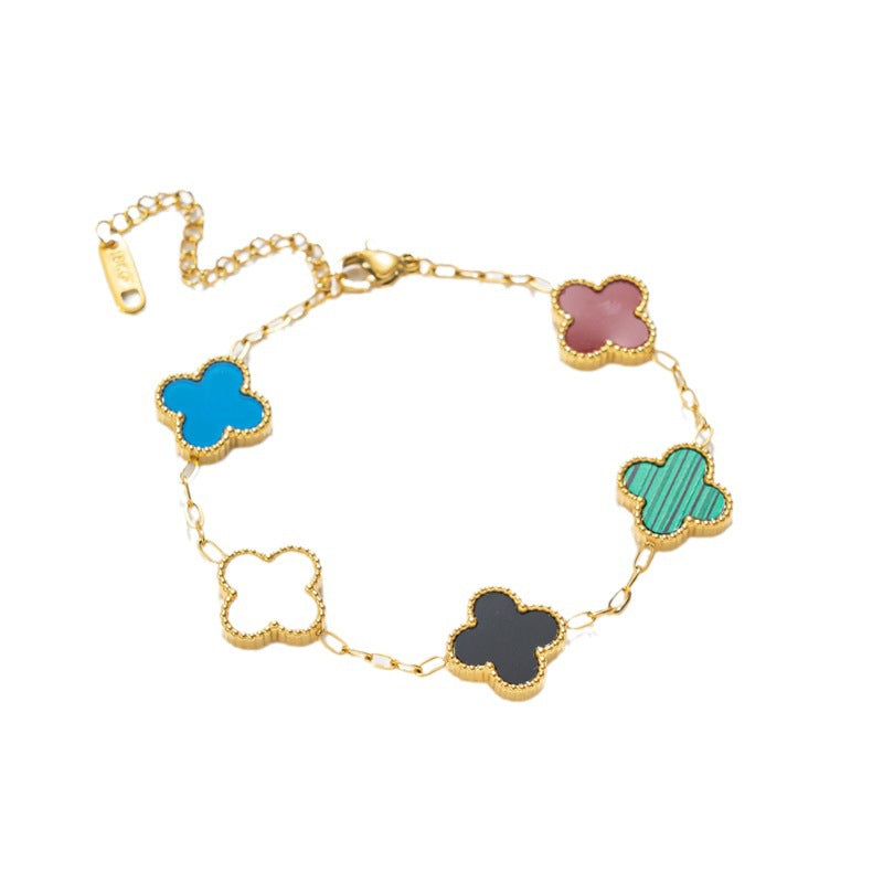 Luxury Geometric Four-Leaf Clover Bracelet 18K Gold Plated Titanium Steel Five-Color Double-Sided Women