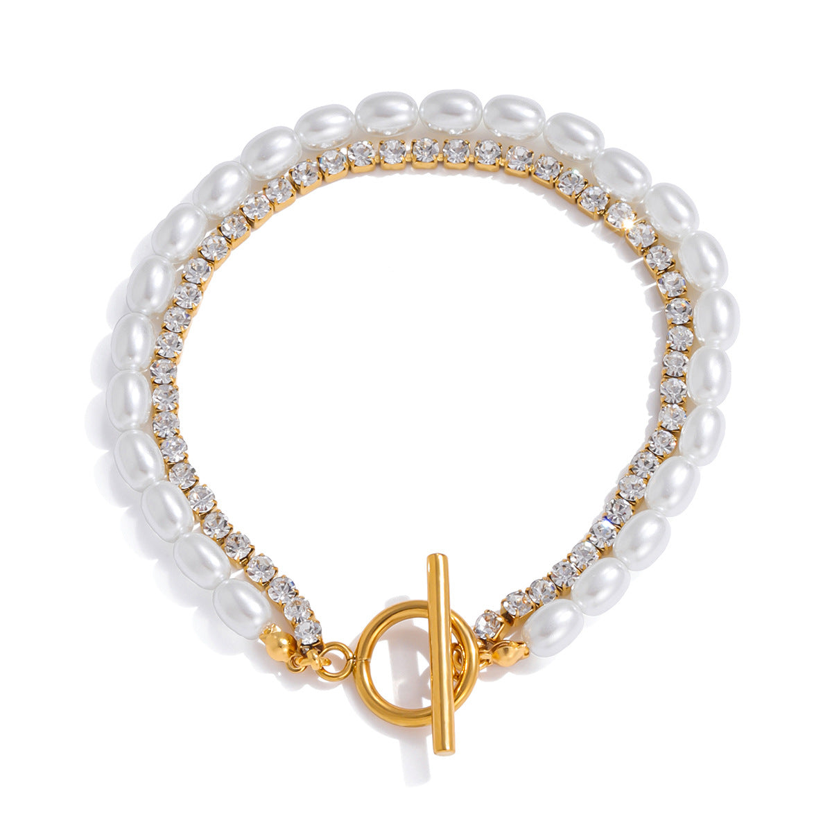 Bracciale a doppio strato da donna in acciaio inossidabile placcato con perle e strass, motivo geometrico