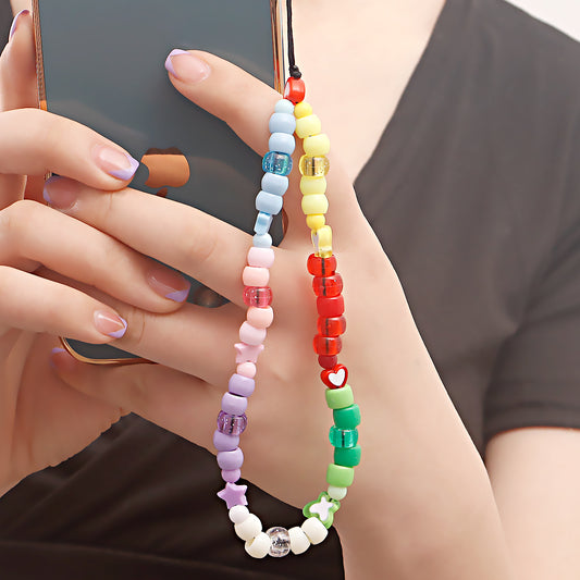 Colorful Gradient Heart Geometric Plated Alloy Beaded Phone Chain for Women