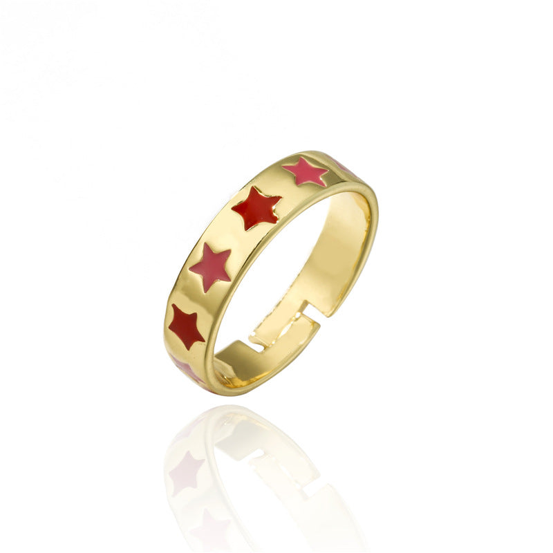 18K Gold Plated Brass Heart Star Drip Oil Open Ring for Women