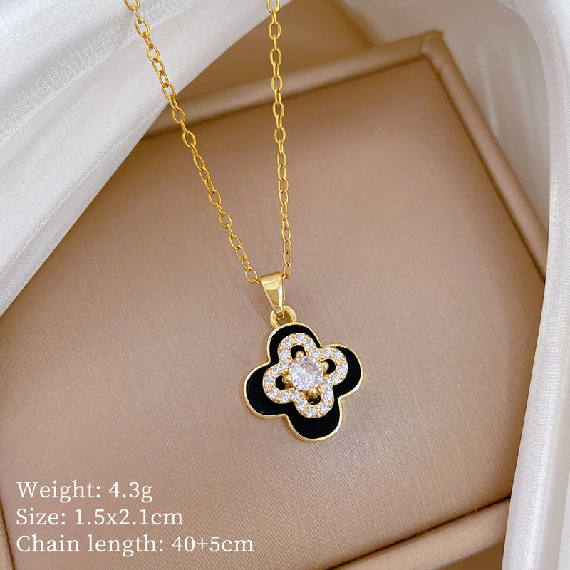 Sweet Minimalist Geometric Rhinestone Rotating Clover Necklace Titanium Steel Cable Chain for Unisex