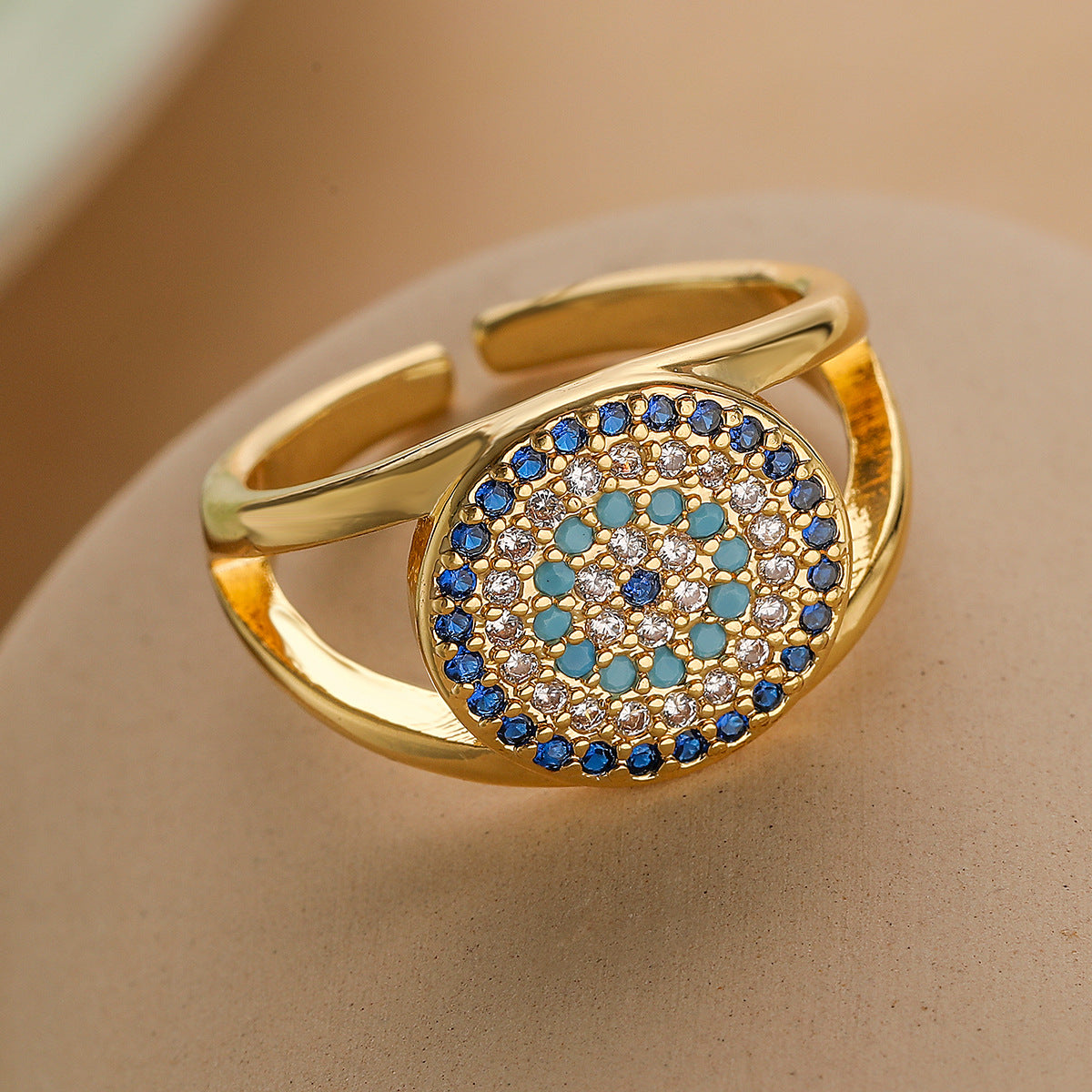 Minimalist Geometric Open Ring for Women with Zircon Inlay and Evil Eye Design in Copper