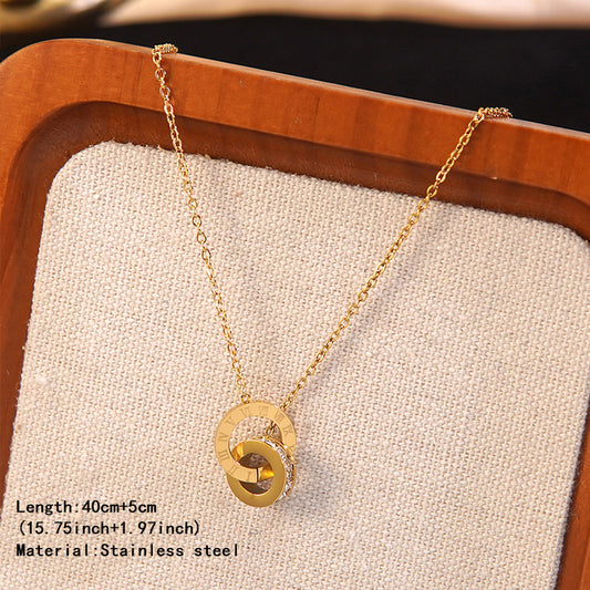 Set collana e orecchini da donna con doppio anello in acciaio inossidabile placcato, numerale romano e strass, dal design geometrico rotondo e minimalista vintage