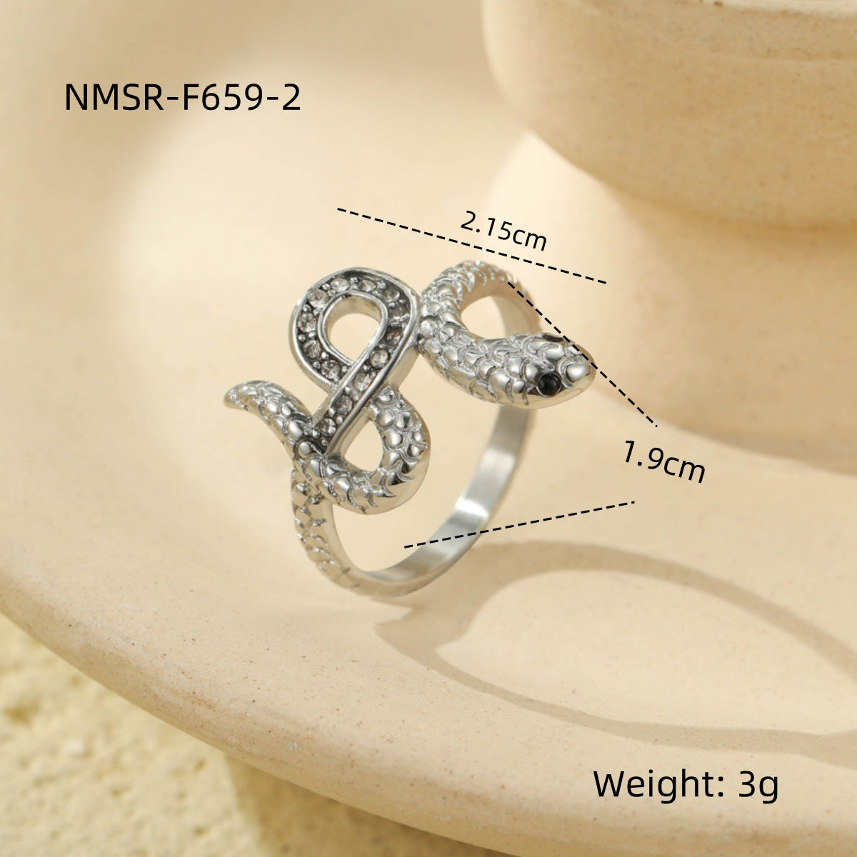 Anello alla moda in acciaio inossidabile a forma di serpente geometrico con dettagli in strass da donna, elettroplaccato per un'eleganza resistente allo sbiadimento