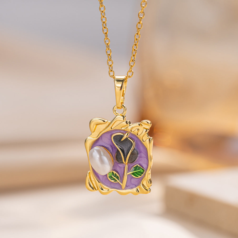 Elegant French Vintage Enamel Tulip Pendant Necklace in Titanium Steel with Gold Inlay on O-Chain for Women