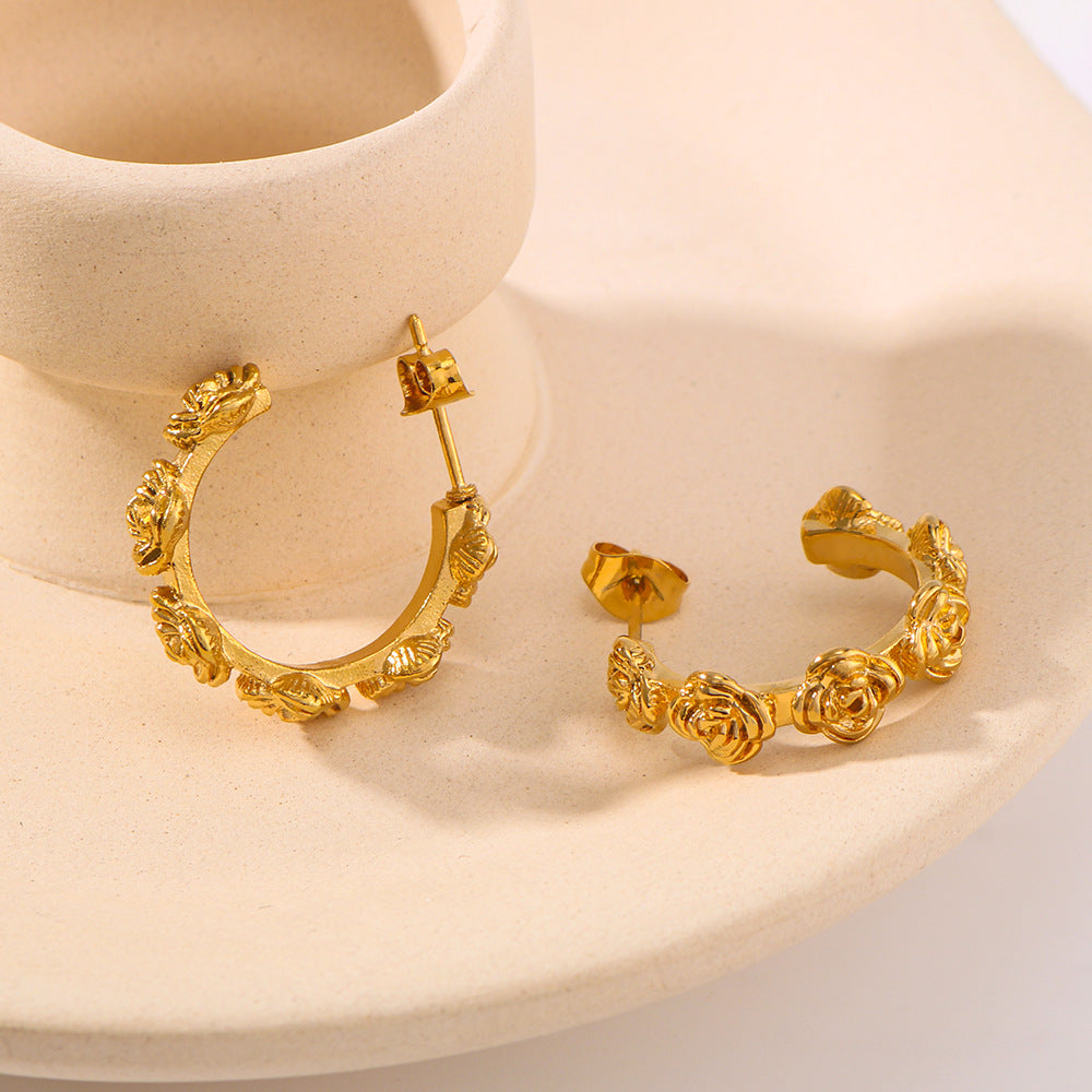 Vintage Rose Engraved Stainless Steel Earrings with 18K Gold Plating for Women Romantic Floral Design Minimalist Ear Studs