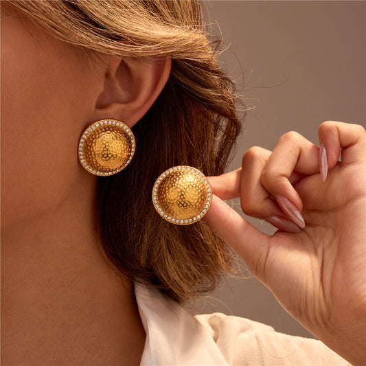 Pendientes de disco geométricos de estilo vintage de acero inoxidable chapado en oro de 18 quilates con incrustaciones de pedrería para mujer