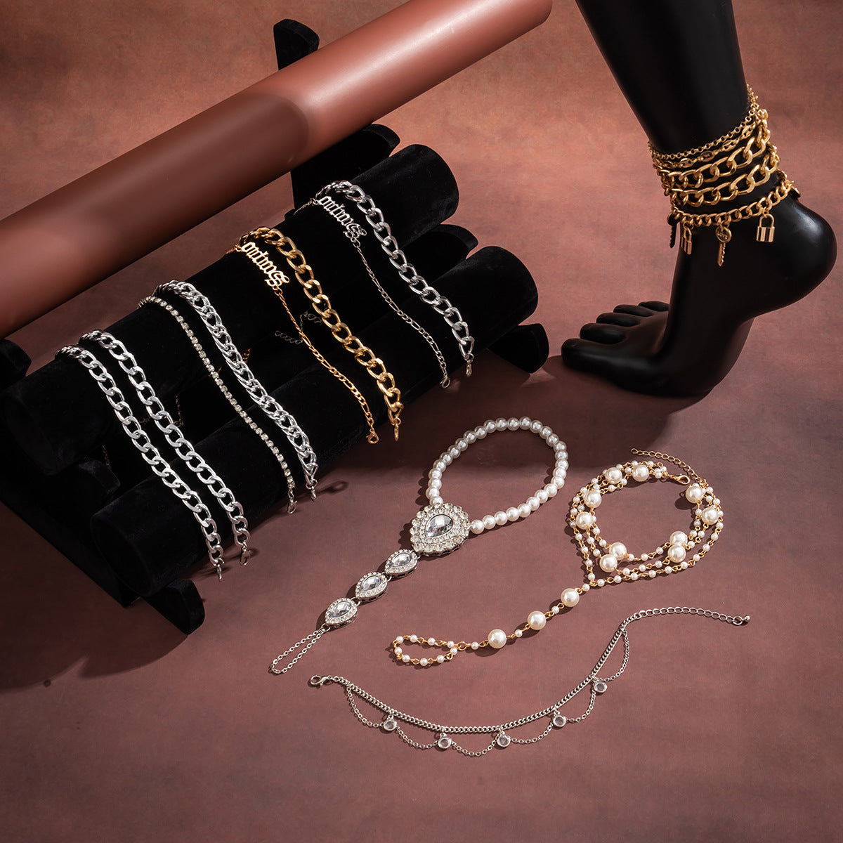 Bohemian Alloy Teardrop Rhinestone Anklet Set with Pearl Tassel