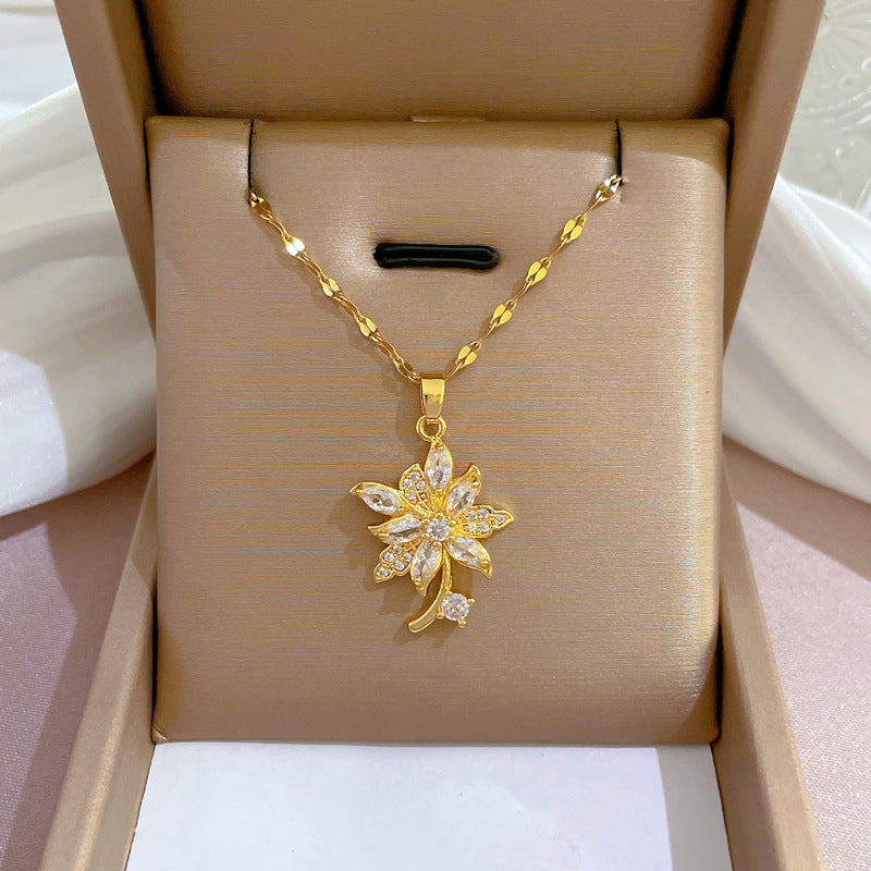 Luxury Titanium Steel Geometric Floral Pendant Necklace with Rhinestone Inlay for Women and Men