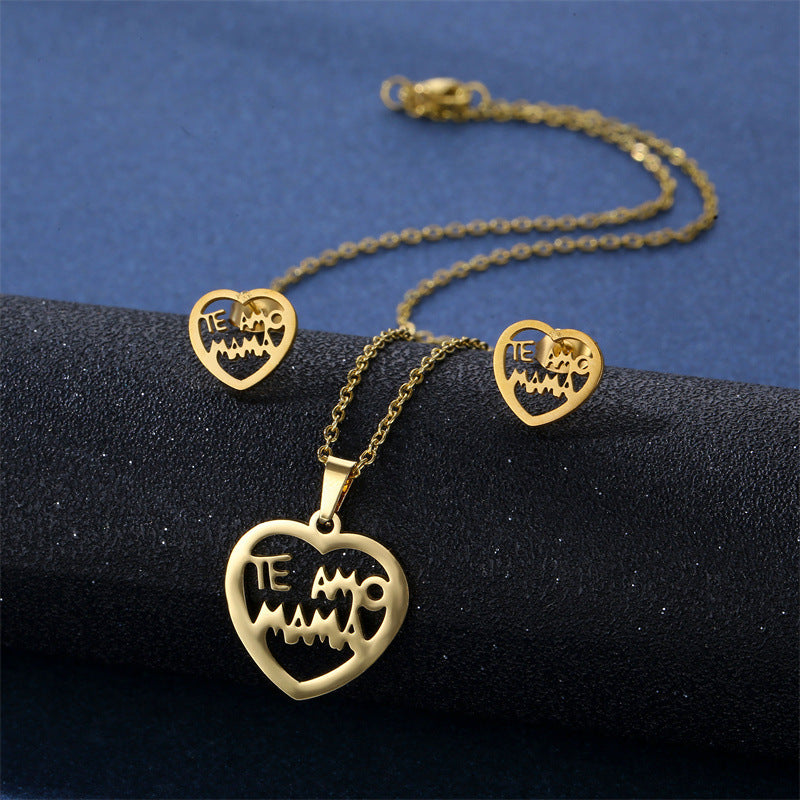 Minimalist Heart-Shaped Titanium Steel Pendant Necklace and Earrings Set with Plated Finish for Women