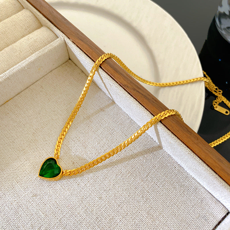 Luxury Heart Geometric Stainless Steel Plated Necklace with Green Gemstone for Women