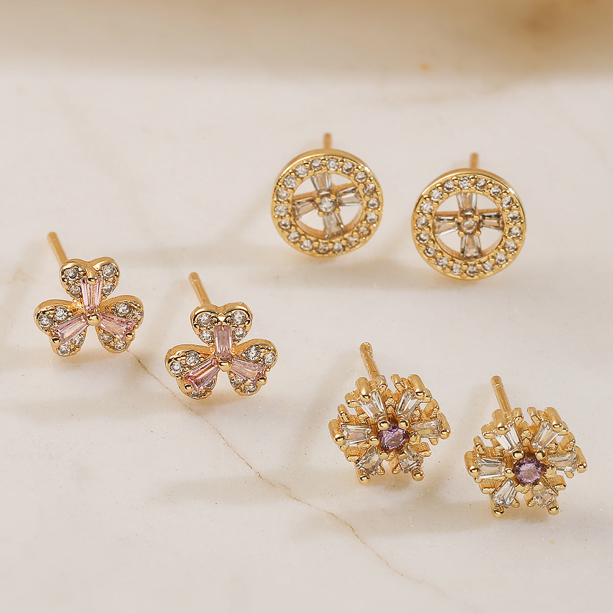 Minimalist 18K Gold Plated Brass Geometric Cubic Zirconia Stud Earrings for Women