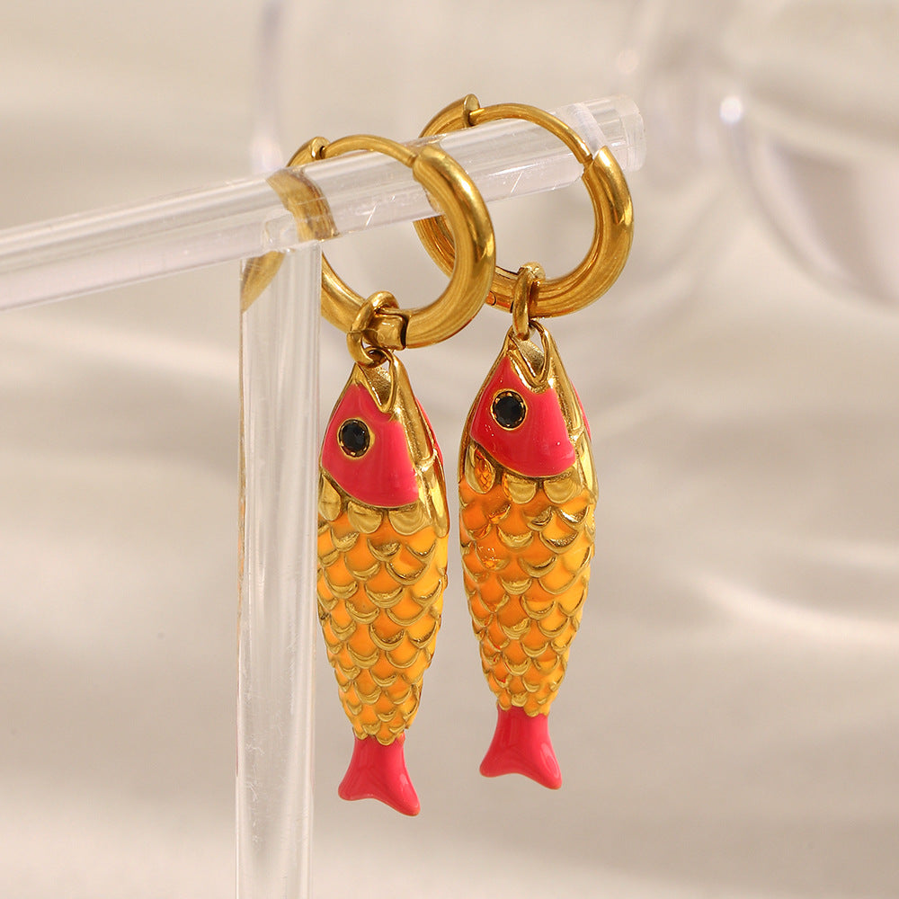 Luxury Style Fish-Shaped Stainless Steel Earrings with 18K Gold Plating and Enamel Finish