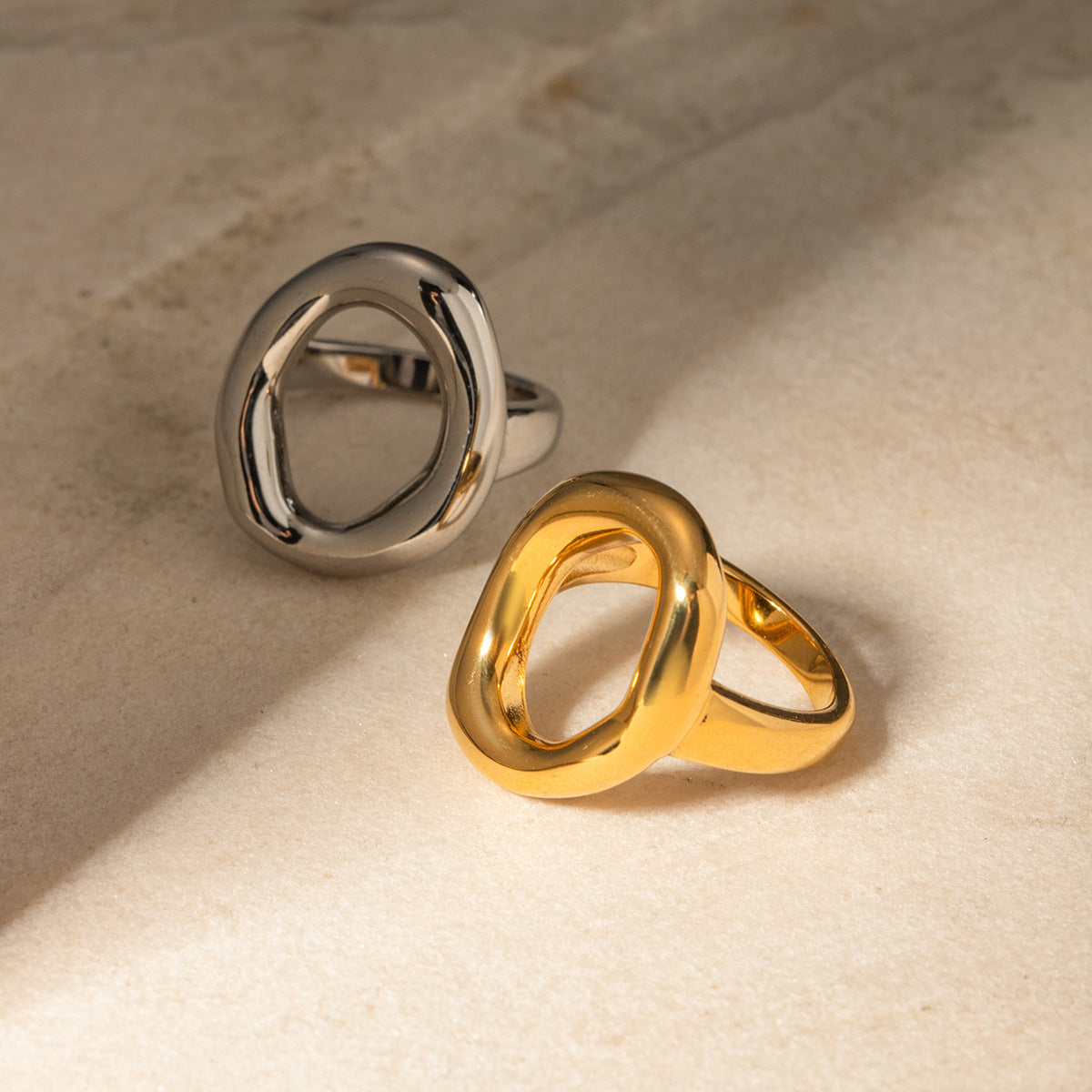 Minimalist Geometric 18K Gold Plated Stainless Steel Hollow Oval Ring for Women