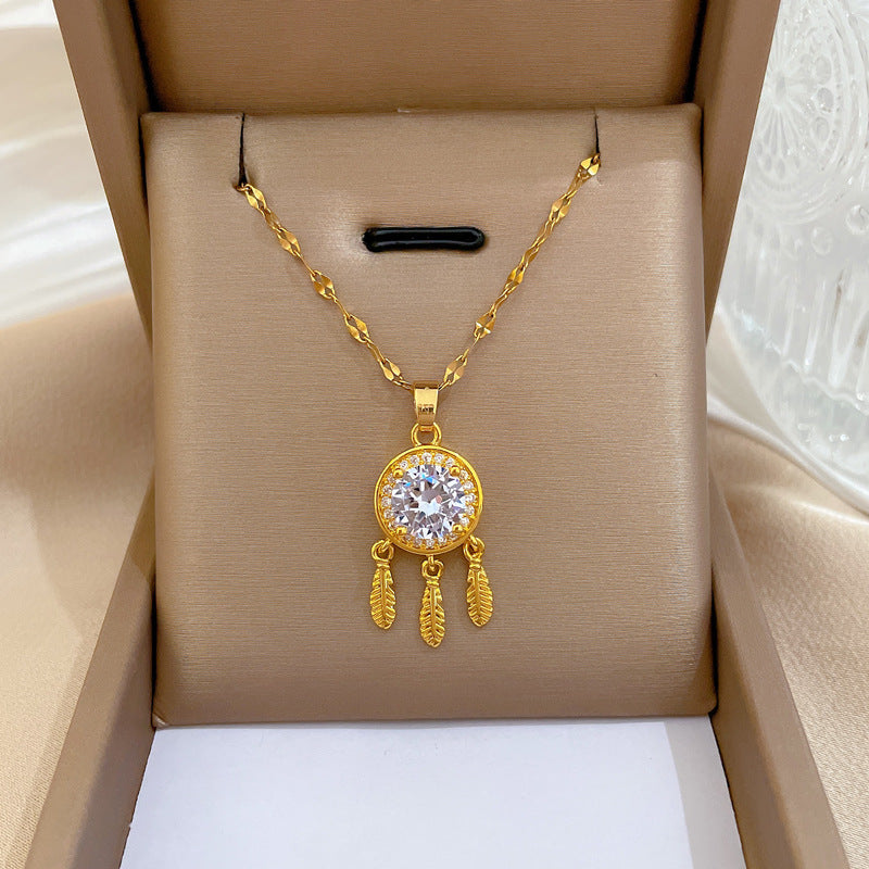 Ethnic-Inspired Feather Tassel Dreamcatcher Pendant Necklace in Titanium Steel with Zircon Inlay on Snake Chain for Women