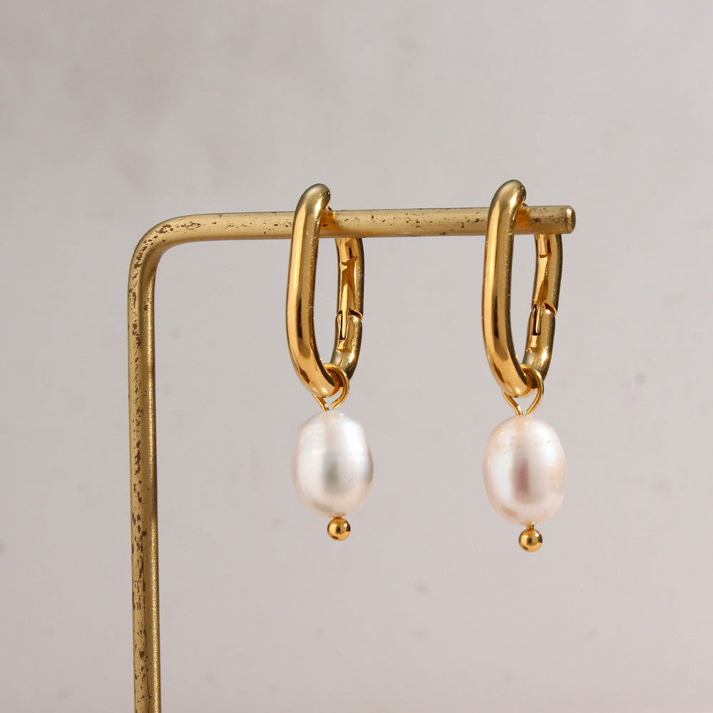 Fashion OL Geometric U-Shaped Stainless Steel 18K Gold Plated Hoop Earrings with Pearl Pendant for Women