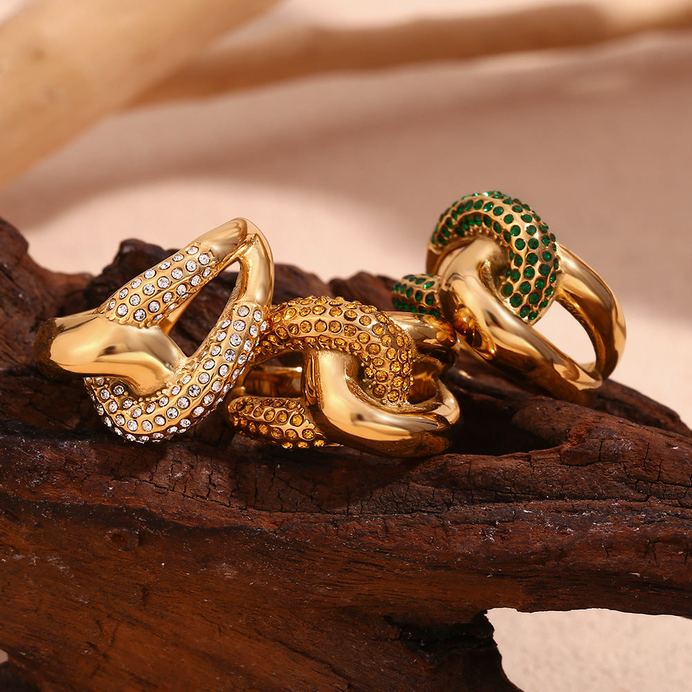 Fashionable Geometric Stainless Steel Ring with 18K Gold Plating and Contrasting Zirconia Accents for Women