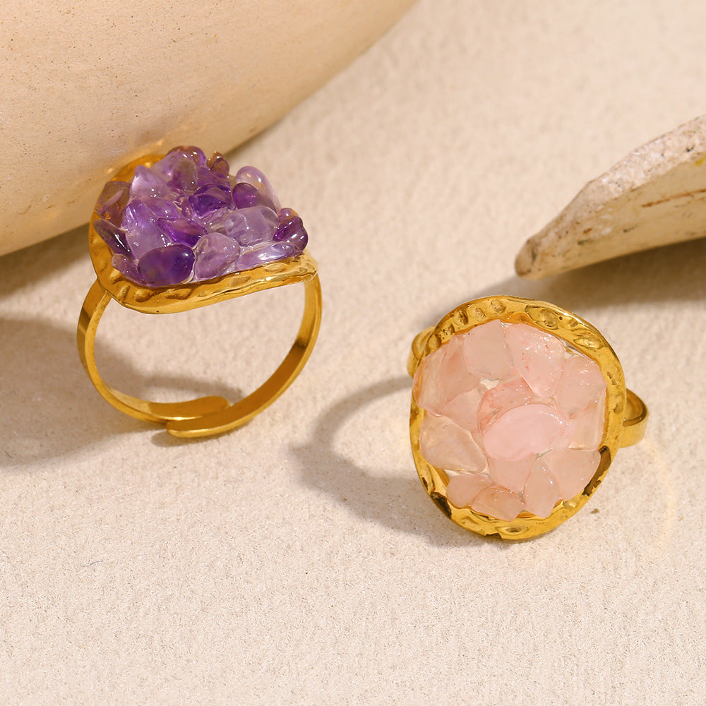 Fashionable Geometric Stainless Steel Ring with 18K Gold Plating and Purple Rhinestone Accents for Women