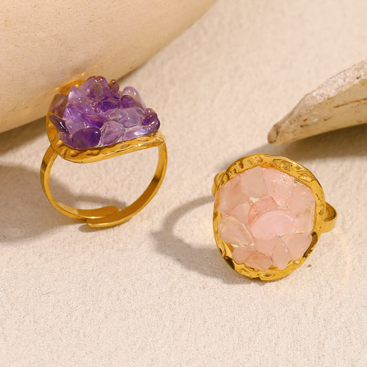 Anello Geometrico Elegante in Acciaio Inossidabile con Placcatura in Oro 18K e Strass Viola per Donna