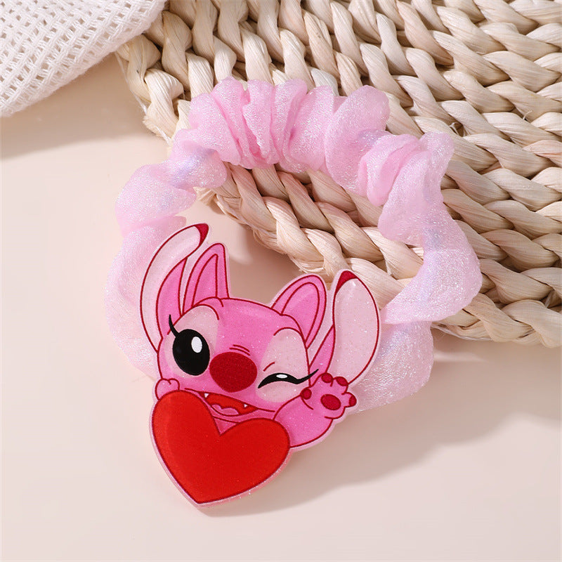 Cute Pink Stitch Hair Tie for Girls Cartoon Character Elastic Ponytail Holder Knitted Bow Headband Accessory