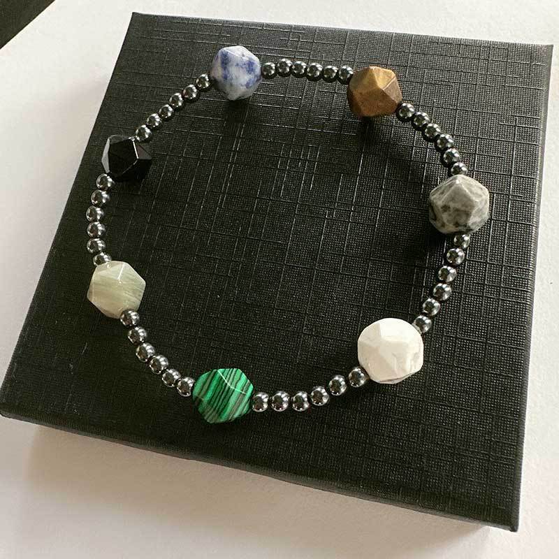 Men's Matte Black Obsidian and Volcanic Stone Beaded Bracelet Square Round Geometric Unisex Jewelry