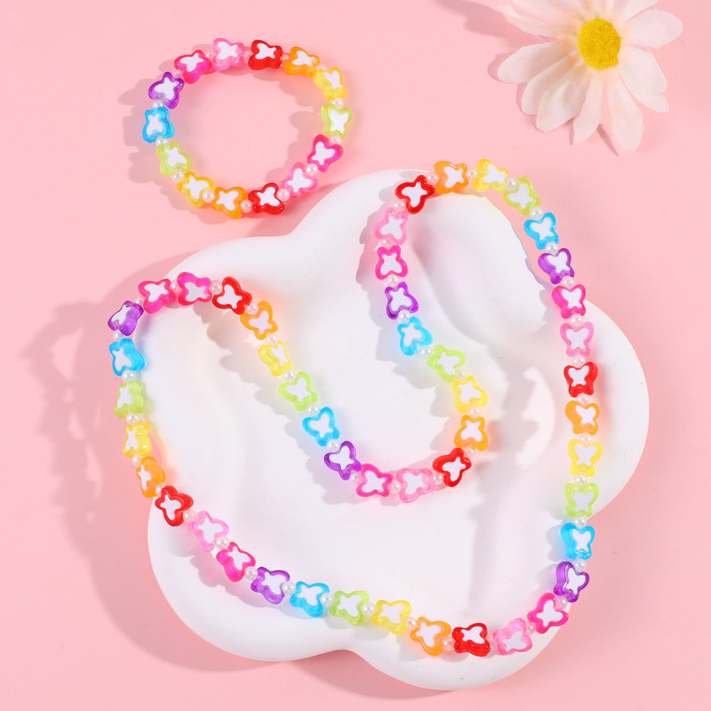 Dulce conjunto de collar acrílico con forma de mariposa para niñas, con cadena de cuentas, estilo princesa, joyería infantil