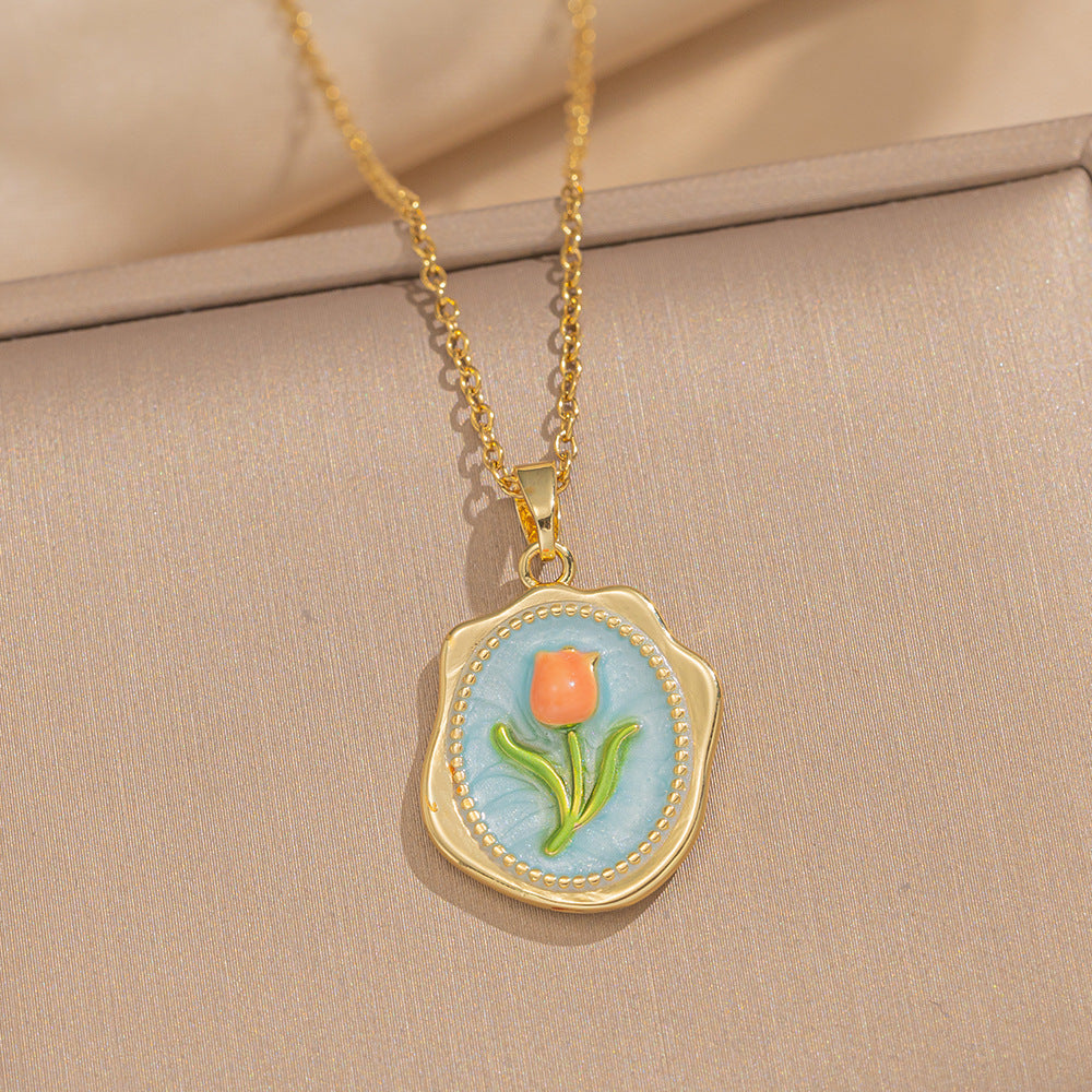 Baroque Style Leaf-Shaped Titanium Steel Necklace with Tulip Floral Motif, Vacuum-Plated for Hypoallergenic Wear, O-Chain Design