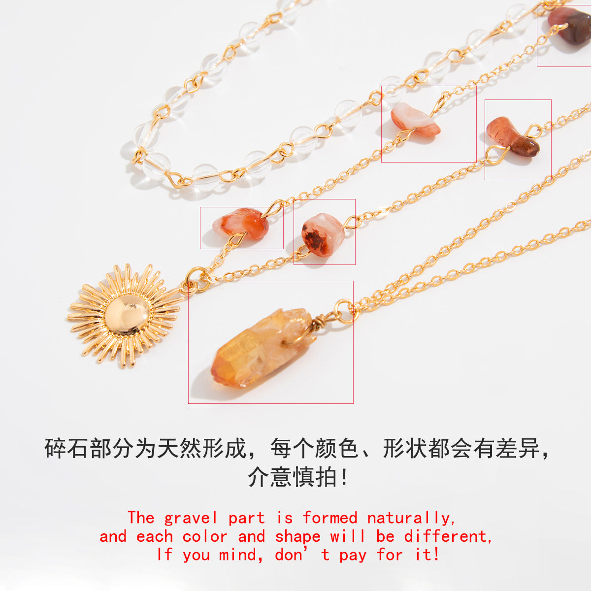 Collana con ciondolo a sole geometrico irregolare da donna con intarsi in turchese e cristallo su catena in rame e acciaio placcato con design a strati a nappa
