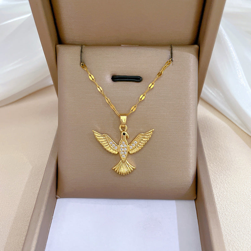 Minimalist Geometric Titanium Steel Necklace with Gold Plated Brass Pendant and Rhinestone Inlay