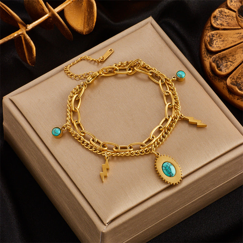 Bracciale da donna vintage minimalista a doppio strato in acciaio al titanio con turchese ovale e fulmine