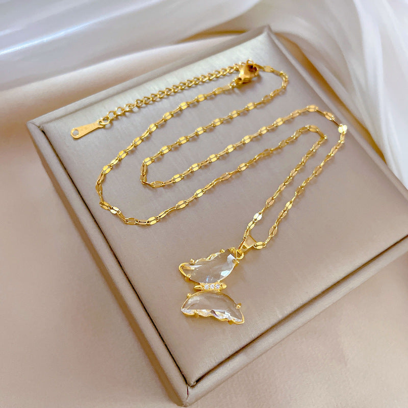 Butterfly Luxury Titanium Steel Clavicle Necklace with Rhinestone Inlay for Women